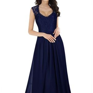 Navy Deep V neck sleeveless floor length dress